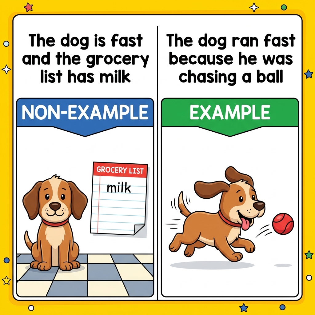 A non-example is: 'The dog is fast and the grocery list has milk.' This is not cause and effect because there is no link.