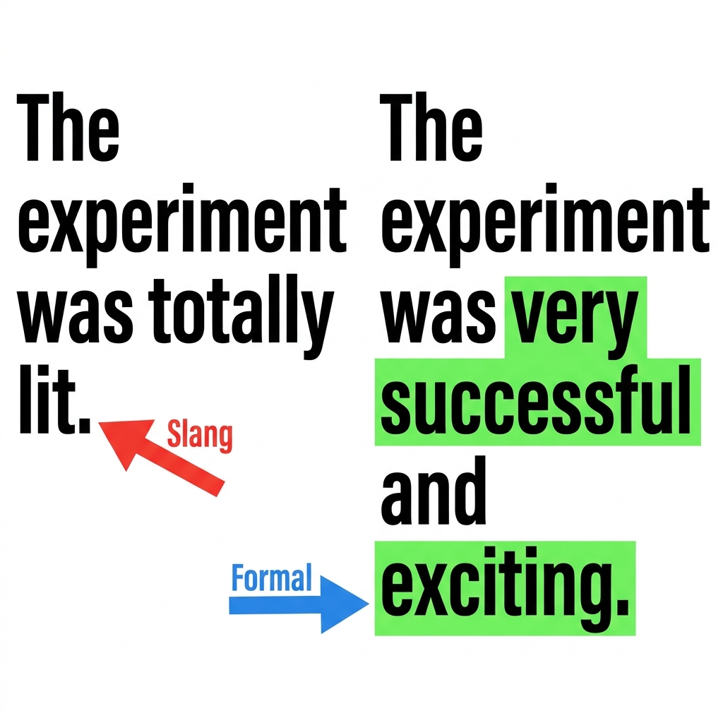 A report says, 'The experiment was totally lit.' The word 'lit' is slang. It does not help a reader understand the science.