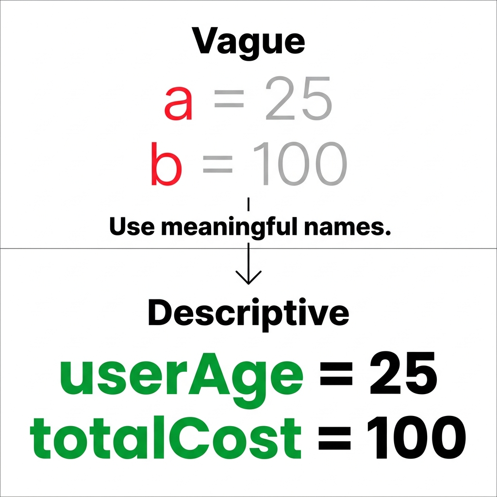 Good variable names describe the data they hold. For example, userAge clearly tells us the variable stores a person's age.