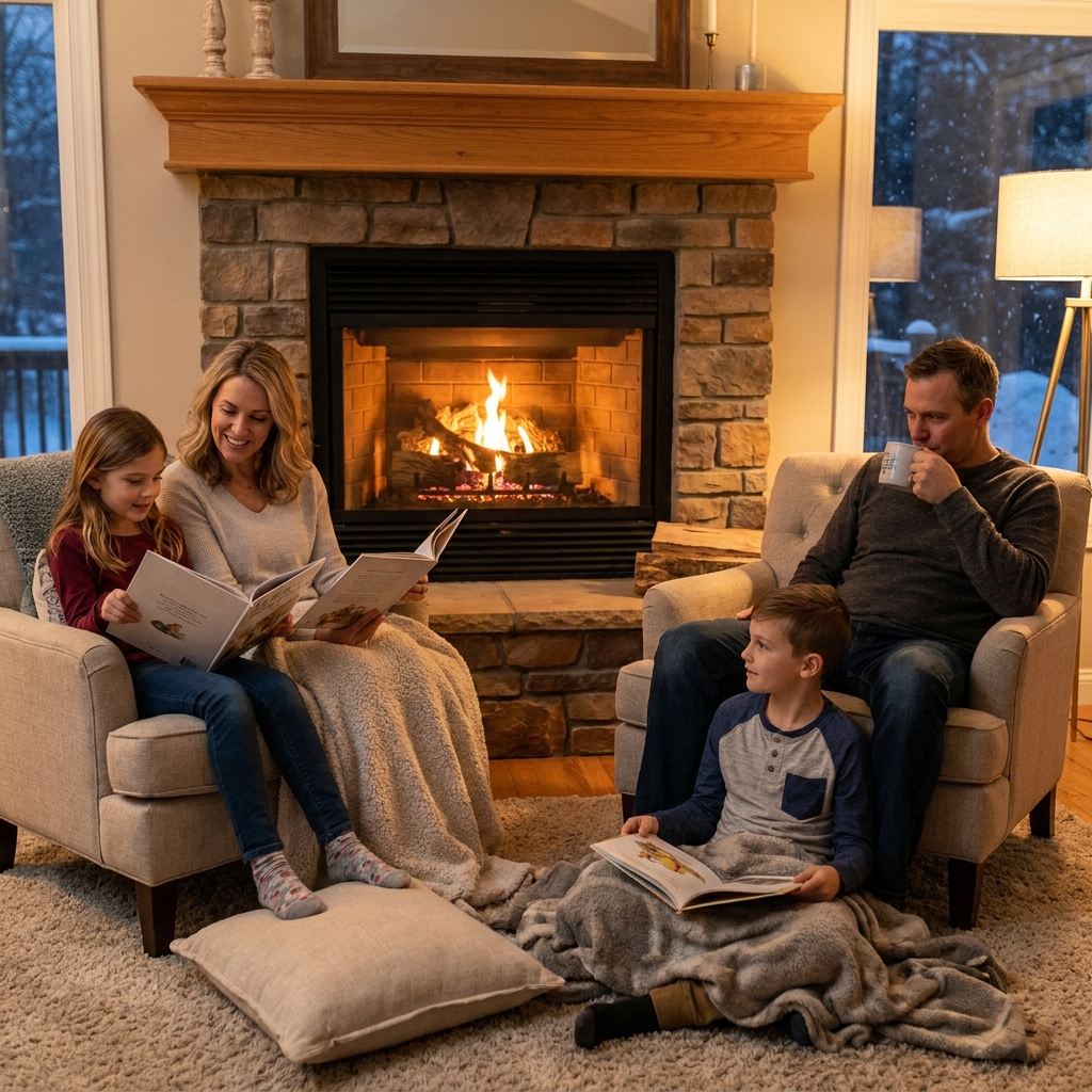 A cozy fireplace makes a reader feel warm and safe. This matches a story about a family sitting together on a cold night.