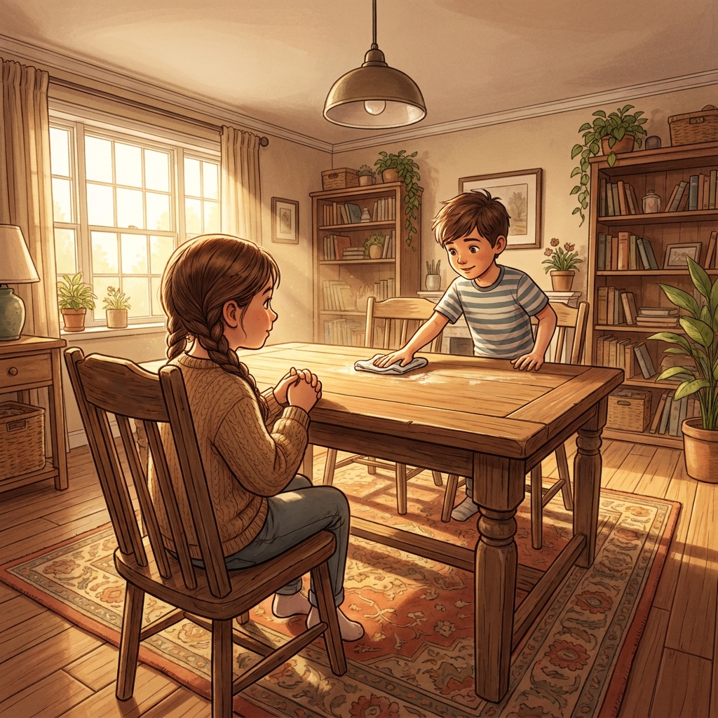 Example one: A character named Sarah is described as 'patient.' The text says, 'Sarah waited for three hours for her brother.