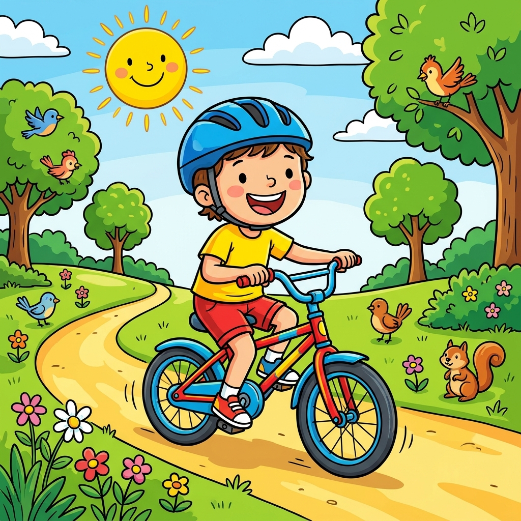 First, I was scared to get on the bike. Next, I pedaled slowly. Finally, I rode all by myself! I felt so proud.