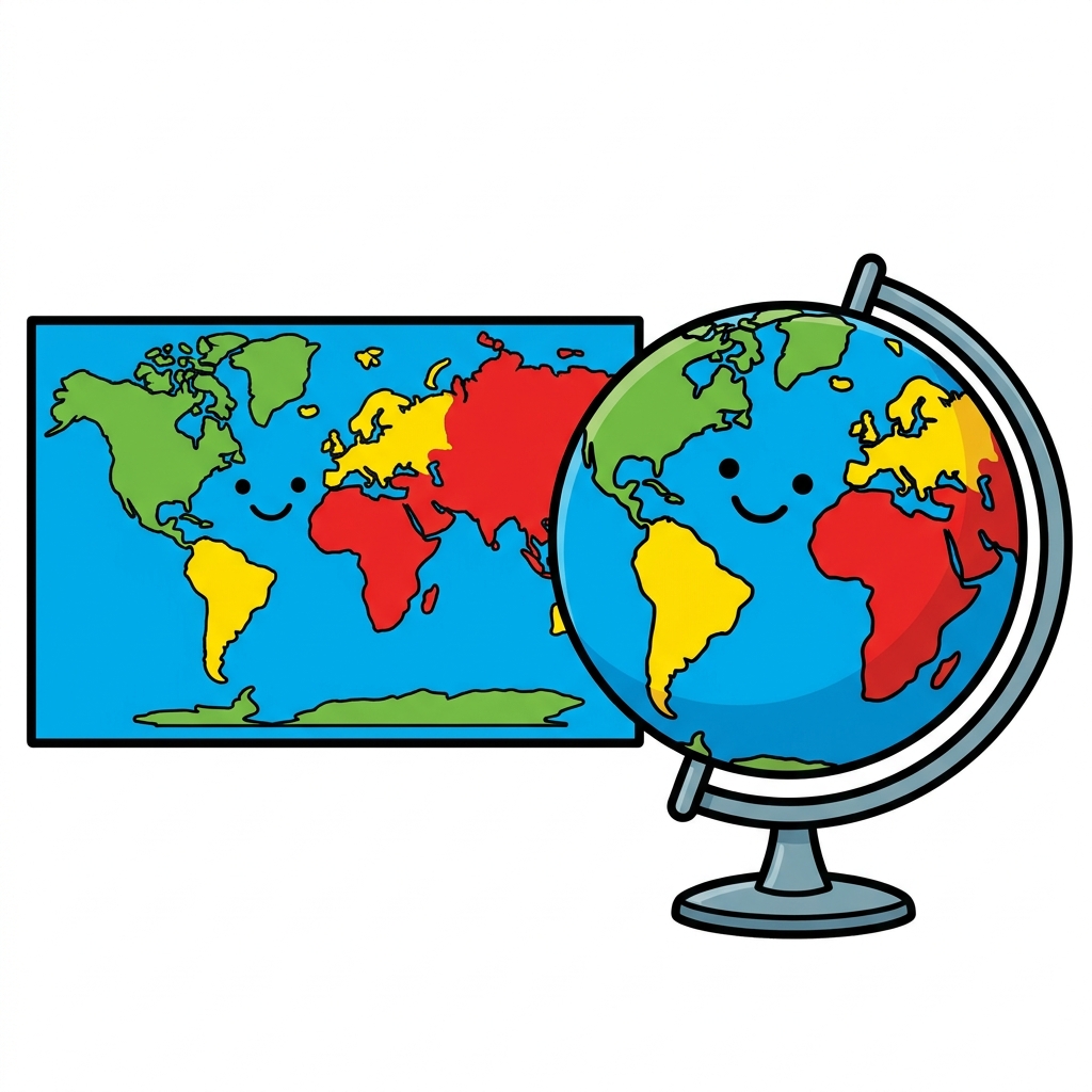 Let's look at the shapes. Point to the flat map. Now point to the round globe. Both show us our world.
