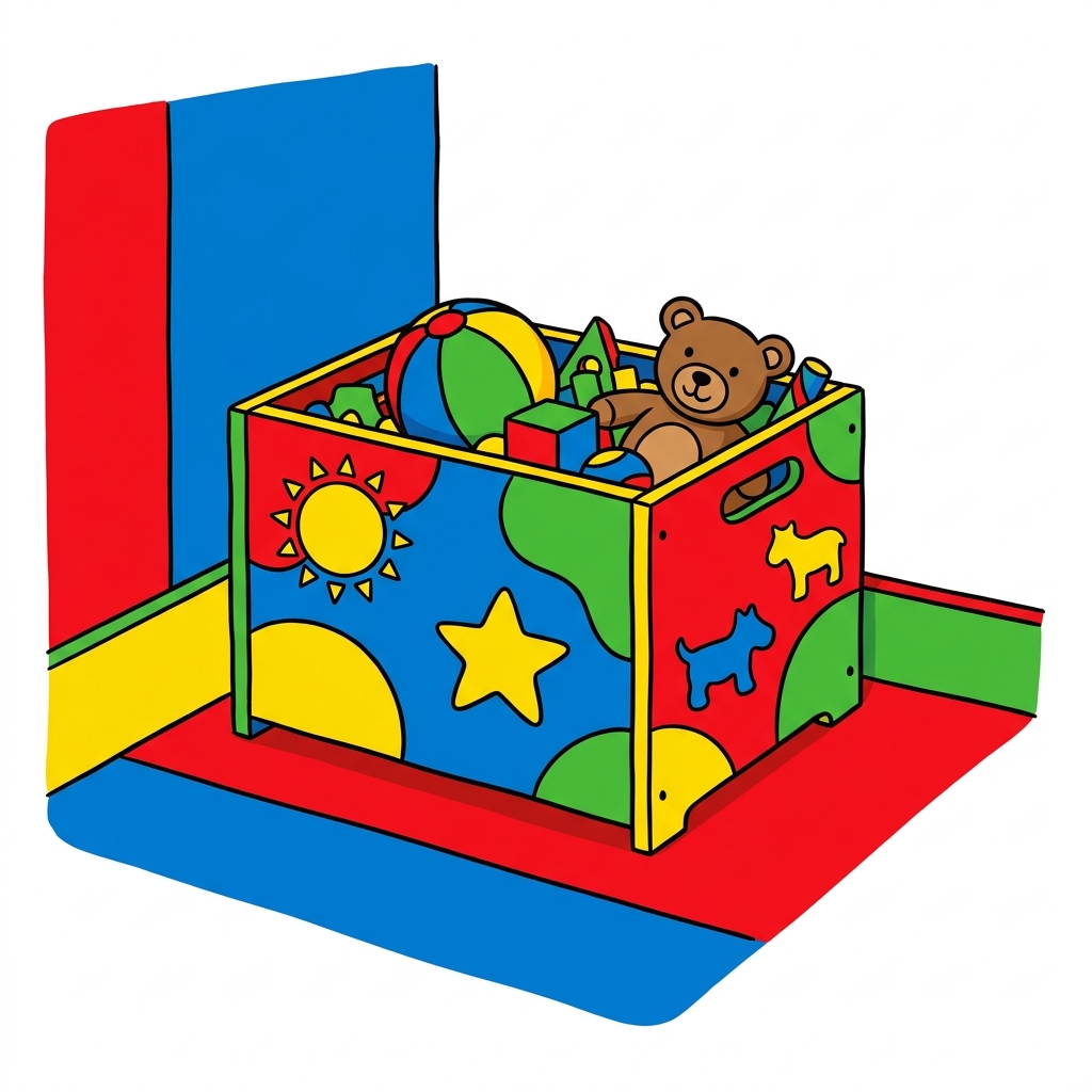 Look at this toy box. It is in the corner. See the bed in the corner too. These spots are the same.