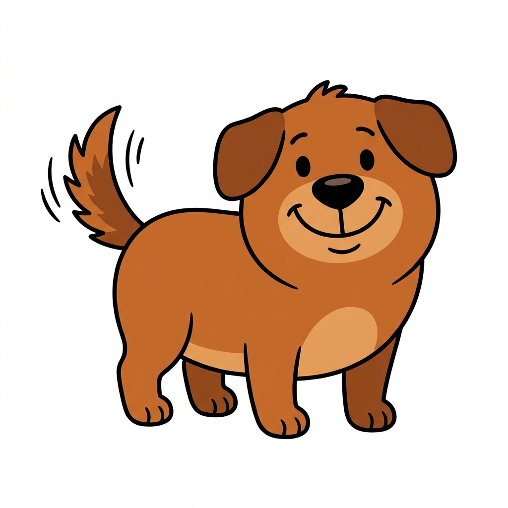 Let us look at the dog. He is our character. Point to his soft fur. Point to his wagging tail.