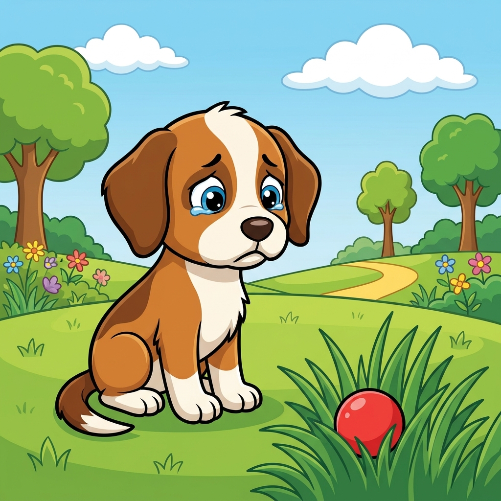 Let's find the reason. Why is the puppy sad? He lost his ball. That is the reason!