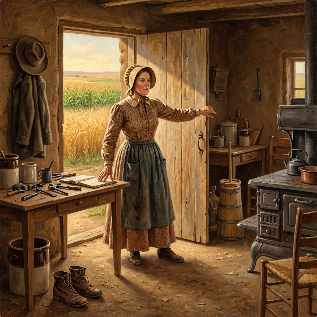 An example of changing status is a woman managing a homestead while her husband is away. Because she is making decisions.