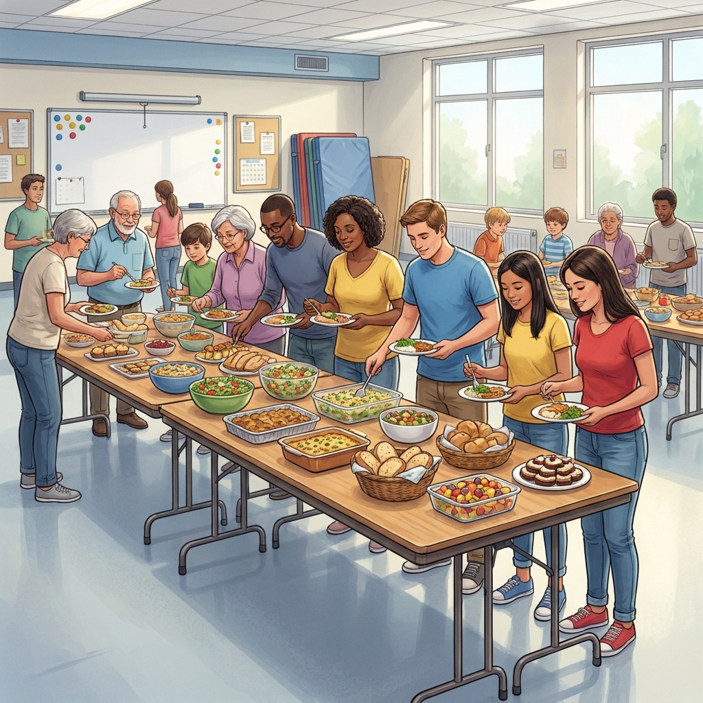 Now let's look at a neighborhood potluck. At a potluck, every family brings a different dish to share. California.