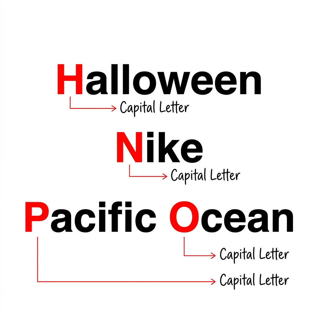 Look at the words Halloween, Nike, and Pacific Ocean. Each of these is a proper noun. Halloween is a holiday, Nike is a.