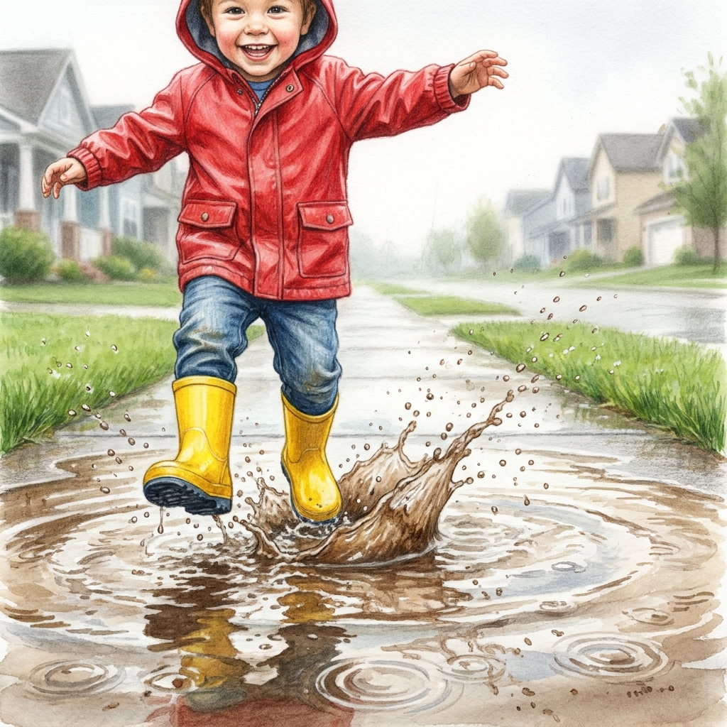 First, I put on my boots. Then, I jumped in a puddle. I felt so happy! This is a narrative because it tells events in order.