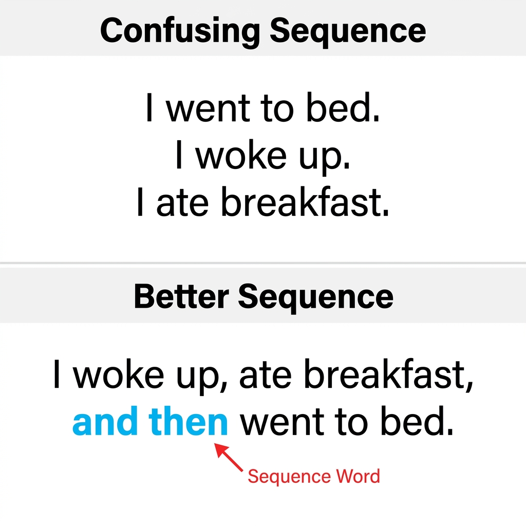 Non-example: 'I went to bed. I woke up. I ate breakfast.' This is confusing because it jumps backward in time. A better.