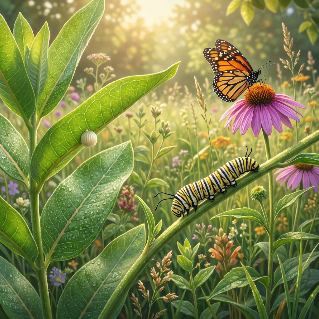Example 1: A butterfly starts its life as a tiny egg on a leaf. Then, it hatches into a caterpillar that eats many leaves.